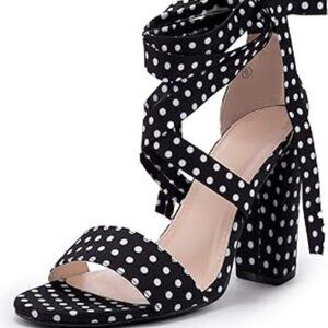 Black & White Polka Dot Ankle/Calf Tie 4" Block Heel Sandals Women's Size 6.5